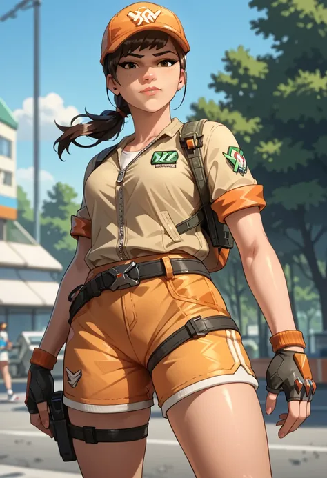 ((score_9, score_8_up, score_7_up, score_6_up, score_5_up, score_4_up), overwatch style), gorpcore, 1 girl, solo, brown hair, low ponytail, olive utility tee shirt, lightweight windbreaker, utility shorts, crew socks, rugged sneakers, tactical cap, fanny p...