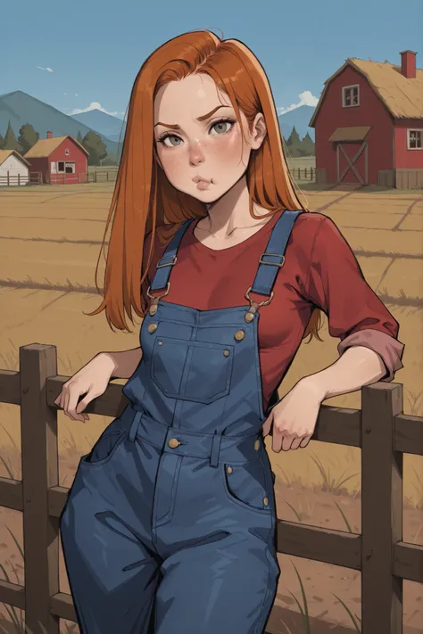 1 ginger girl, long straight hair, lip pout, voluptuous, small breasts, freckles, red shirt, denim overalls, farm, look at viewer, leaning against fence 
