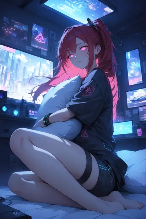 ((masterpiece)), ((RAW 4K)), ((anime-real fusion)), ((soft cinematic tone)), ((high detail)), ((realistic textures)), ((moody volumetric lighting)), ((warm cyberpunk ambiance)), ((bedroom scene))
A battle-worn female cyber samurai, now off-duty, is restin...