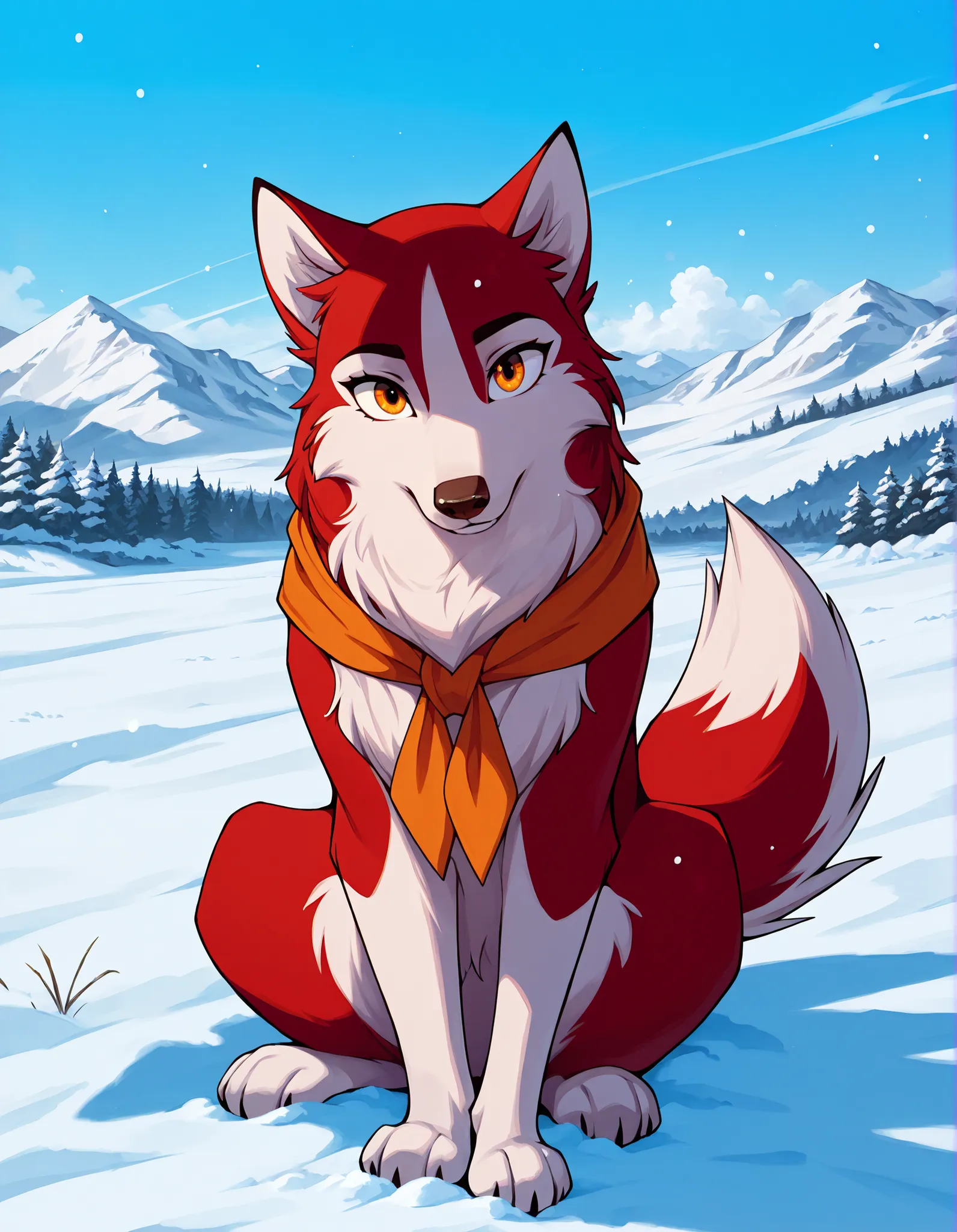 1girl, jenna\(balto\), feral, two tone fur, red fur, canine, no humans, solo, amber eyes, neckerchief, animal, outside, snow, sitting, looking at viewer,