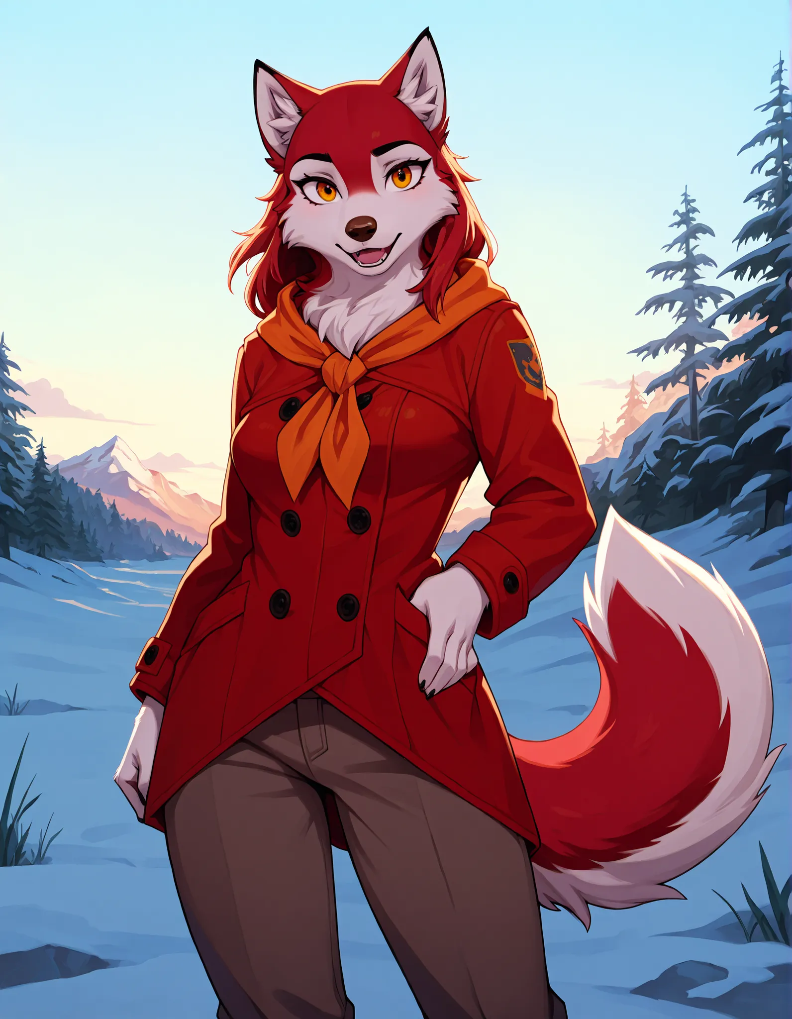 1girl, jenna\(balto\), solo, open mouth, amber eyes, neckerchief, two tone fur, red fur, looking at viewer, breasts, wearing, coat, pants, outside, furry female, anthro, tail, standing, furry, body fur, wolf, canine,