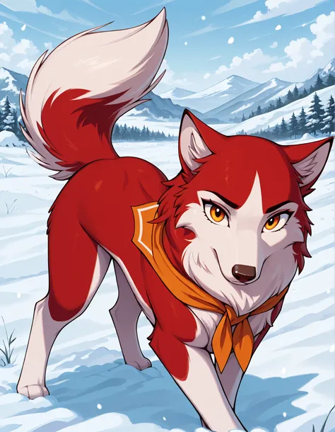 1girl, jenna\(balto\), feral, two tone fur, red fur, canine, no humans, solo, amber eyes, neckerchief, animal, outside, snow, standing, looking at viewer, feral, ass, sexy ass