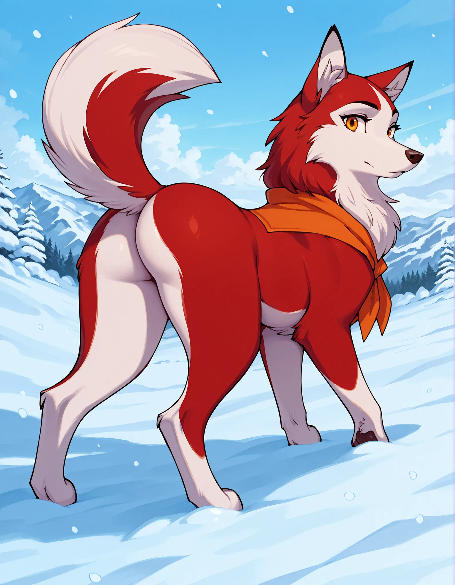 1girl, jenna\(balto\), feral, two tone fur, red fur, canine, no humans, solo, amber eyes, neckerchief, animal, outside, snow, standing, looking at viewer, feral, ass, sexy ass