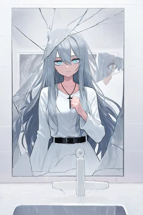 1girl, long_hair, light_blue_eyes, grey_hair, mirror, looking_at_viewer, reflection, shirt, white_shirt, hair_between_eyes, long_sleeves, collarbone, solo_focus, belt, bangs, closed_mouth, long_hair, solo, Distorted expression, broken_mirror, large_breast,...