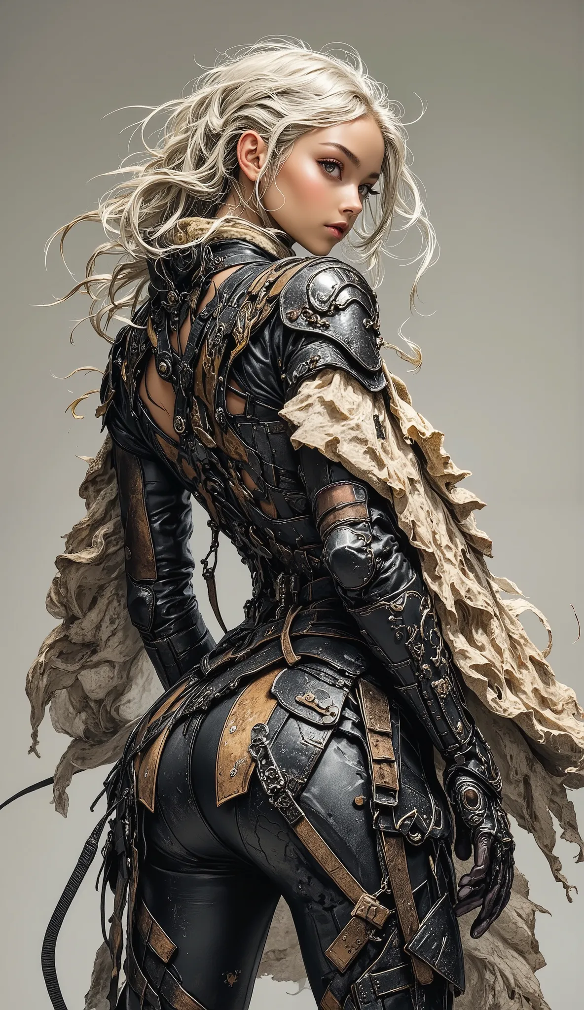 A fashion model dressed in a futuristic interpretation of Viking attire, with a focus on rugged, natural materials like fur and leather, combined with sleek, modern cuts and metallic embellishments. The outfit has a powerful silhouette, with flowing capes ...