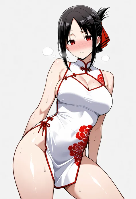 kaguya shinomiya, short hair, bangs, black hair, red eyes, hair ribbon, sidelocks, folded ponytail, parted bangs, looking at viewer, sweat, sweaty, sweaty:1.3, nose blush, nose blush, shiny legs, shiny body, shiny hair, clear skin, clear body, horny, stand...