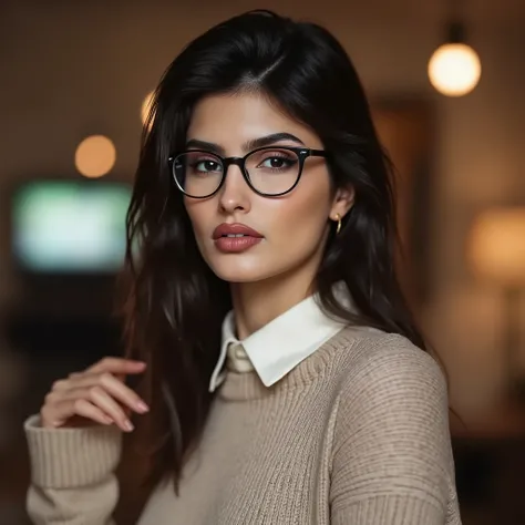 Yael Cohen Aris, arafed woman wearing a collared satin blouse under a crewneck sweater, warm smile, gorgeous dark eyes, glasses