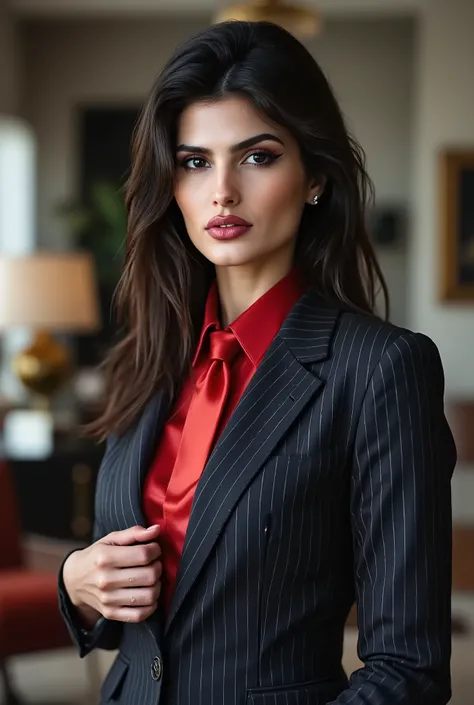 gorgeous woman, (((portrait photo))), (absurdres, highres, ultra detailed), masterpiece, perfect eyes, 1girl, skirt suit, leather business suit, ((three-piece suit)), black pinstripe suit, ((waistcoat)), red satin shirt, red necktie, bodycon skirt, miniski...
