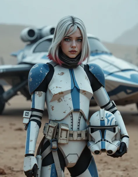 artwork, 7-Phase2, clone trooper, white and blue paint, young female, young face, (white bob hair with red endings):1.2, cold blue eyes, full body view, helmet in hand, desert, standing before an agile looking spaceship
