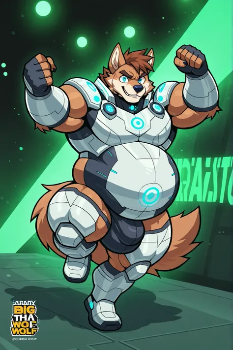 light brown wolf, furry, male focus, big belly, fat body, big large pectorals, muscular arms, thick thighs, ultra gigantic huge muscular, short brown hair, blue eyes, light gray futuristic armor, green lights, huge bulge, action pose, full body