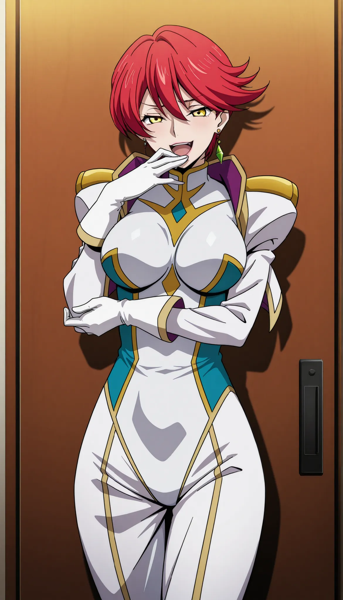 narah_pilotsuit,narah vaughn,1girl,solo,red hair,short hair,breasts ,yellow eyes,gloves,jewelry,earrings,lipstick,large breasts,mature female,MILF, standing , score_9, score_8_up, score_7_up, score_6_up, score_5_up, score_4_up , narah_pilotsuit,narah vaugh...