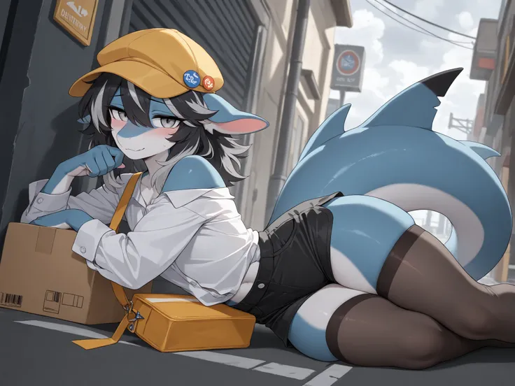 (Masterpiece, Best quality:1.2), (side angle), street, cloudy, gray sky, detailed shadows, detailed lighting, dark lighting, adult, (broad shoulders), 1boy, solo, silver eyes, black hair, silver highlights on hair, medium hair, hair over whole head, (angul...