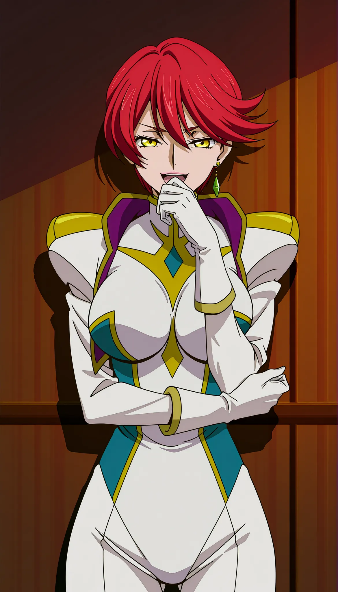 narah_pilotsuit,narah vaughn,1girl,solo,red hair,short hair,breasts ,yellow eyes,gloves,jewelry,earrings,lipstick,large breasts,mature female,MILF, standing , score_9, score_8_up, score_7_up, score_6_up, score_5_up, score_4_up , narah_pilotsuit,narah vaugh...