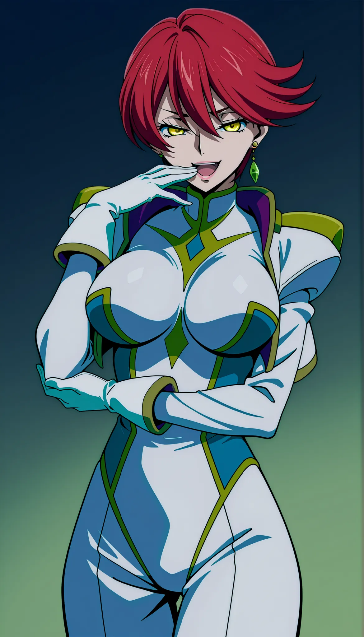 narah_pilotsuit,narah vaughn,1girl,solo,red hair,short hair,breasts ,yellow eyes,gloves,jewelry,earrings,lipstick,large breasts,mature female,MILF, standing , long eyelashes, expressive eyes, perfect eyes , score_9, score_8_up, score_7_up, score_6_up, scor...