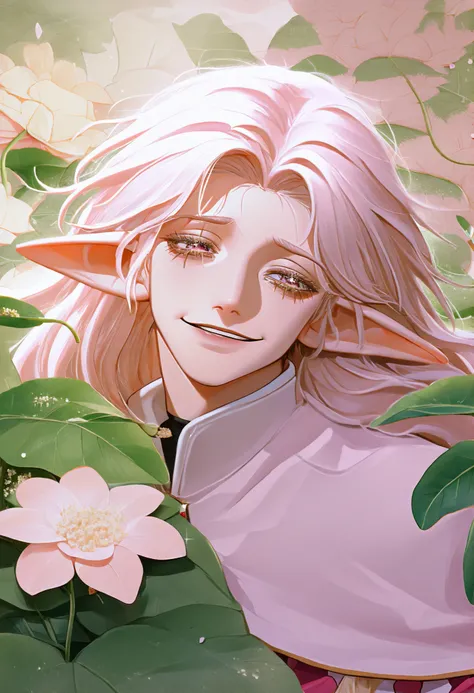 The character It has an ethereal and enchanting appearance, with features that evoke a magical or pherical creature. Here is a detailed description: Cabelos: Longos, wavy and in a pastel shade of light pink, almost like flower petals. Some threads are inte...