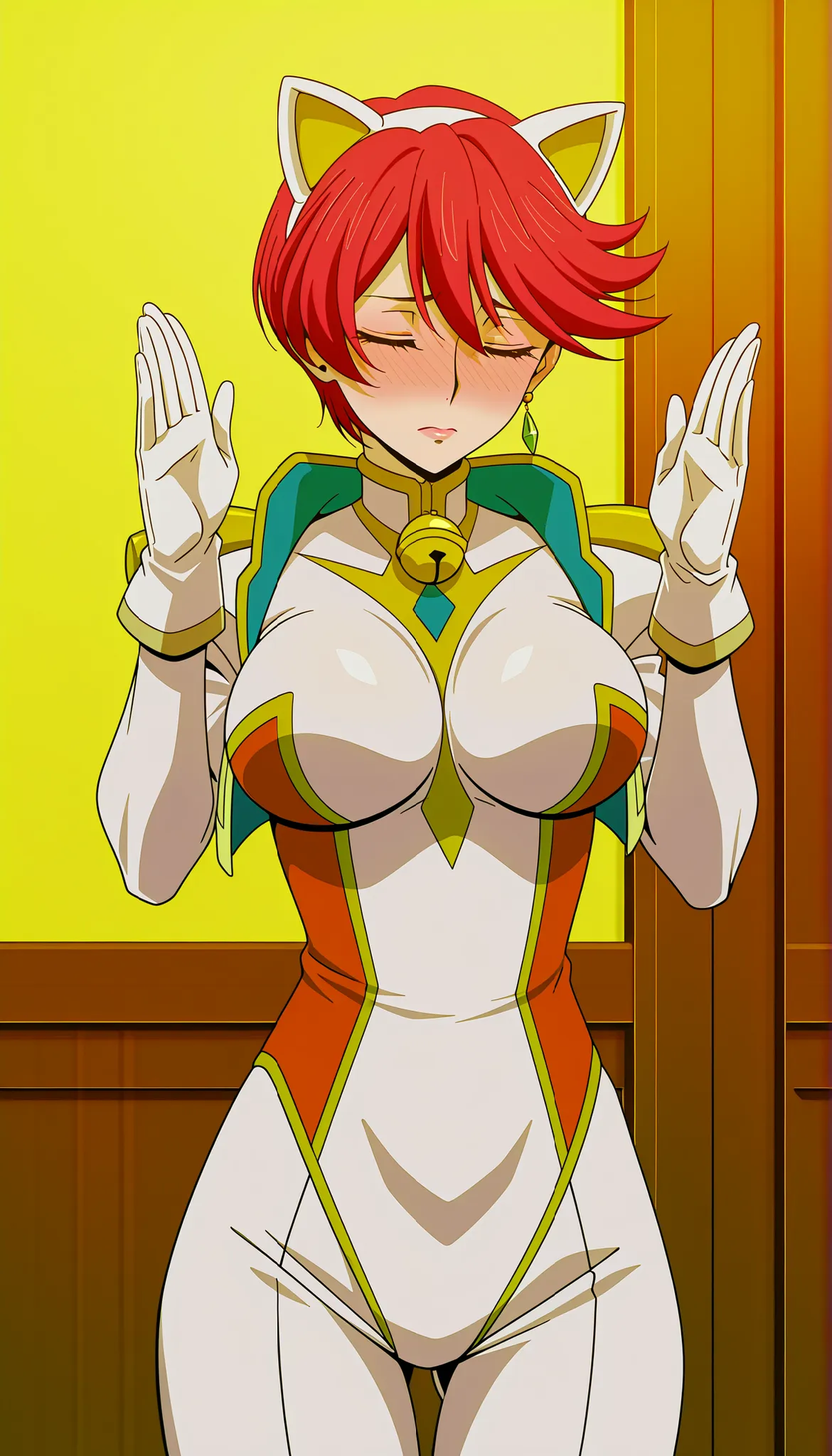 narah_pilotsuit,narah vaughn,1girl,solo,red hair,short hair,breasts ,yellow eyes,gloves,jewelry,earrings,lipstick,large breasts,mature female,MILF, standing , score_9, score_8_up, score_7_up, score_6_up, score_5_up, score_4_up , narah_pilotsuit,narah vaugh...