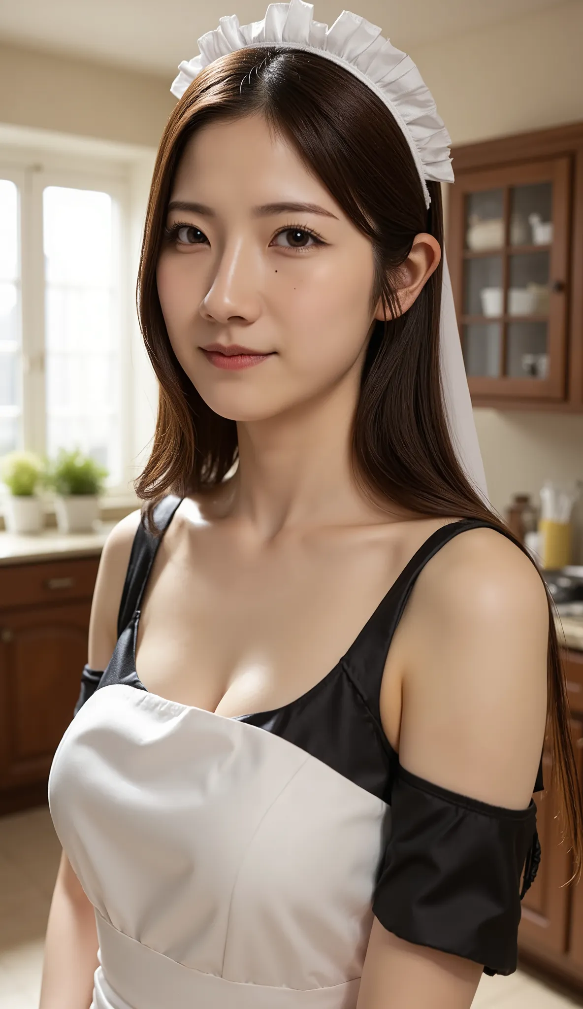 A woman in a very sexy maid outfit, creates an enchanting and sensual atmosphere. Her expression is passionate and sensual, Symbolizing passion and wildness. The background is a calm and bright kitchen space, emphasizes sensual and romantic vibes that crea...