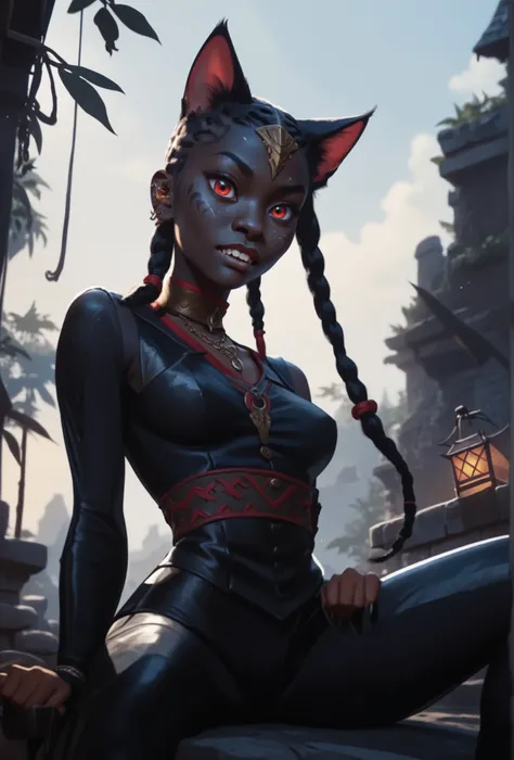 Slender body. Black skin. Cute 18-year-old Asian panther girl with Asian red cat eyes and sharp teeth and dreadlocks with white highlights. Panther body. She has a cute and beautiful face. She has a round and young face with a pointy chin. Her black body i...