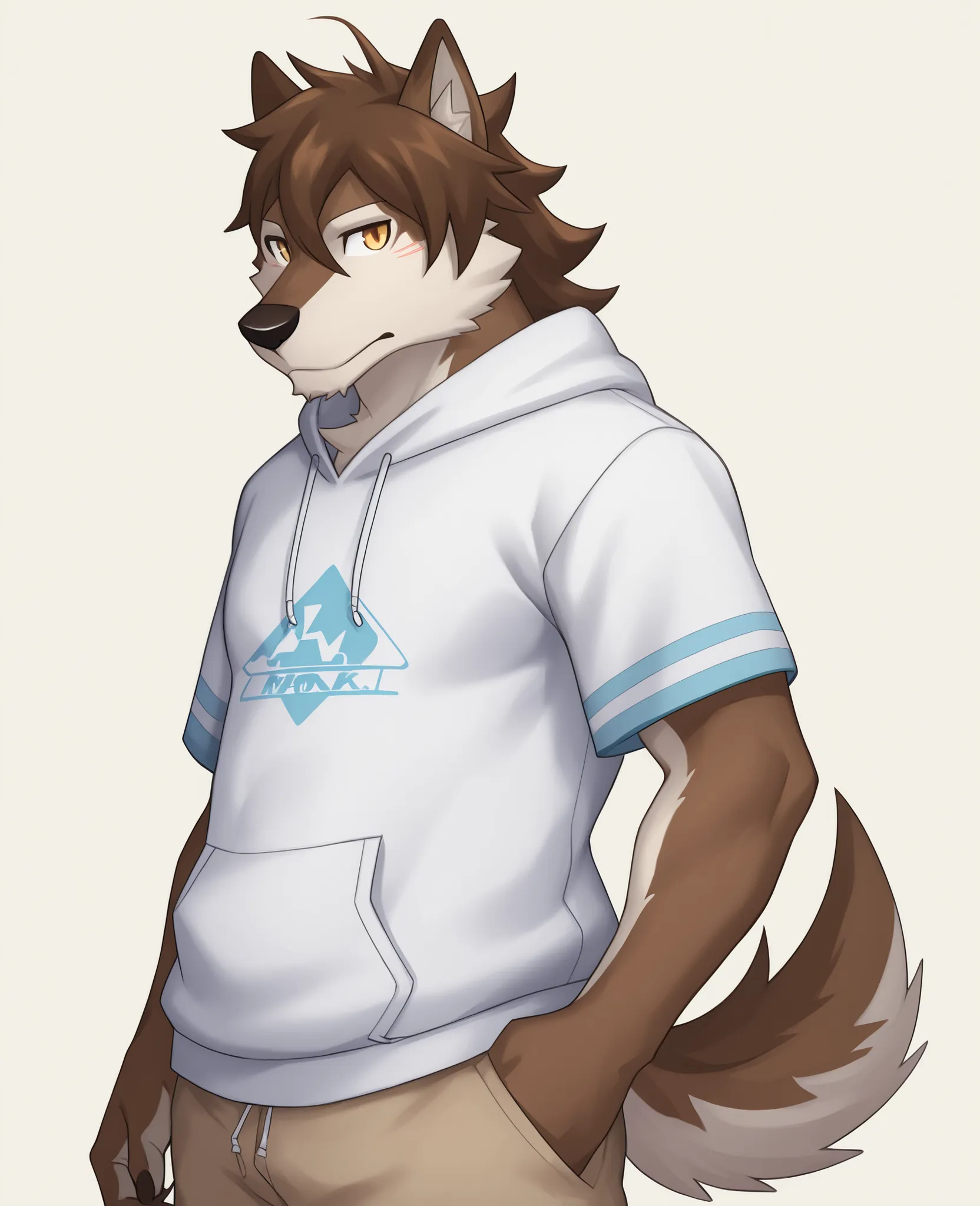 Wolf，brown fur，simple background，Novel game characters，brown hair，I'm wearing a short-sleeved hoodie，Standing picture，1 person