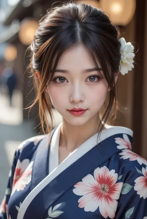 Realistic、High Definition、sharp details、8k、1 woman、7、Geisha from Kyoto in Japan、 country、stands in an elegant and calm atmosphere、stand on the road in Kyoto、((cowboy shot))、country's unique hairstyle、Ofuku、((I'm thinking of improving my hair2.0))、((long sl...