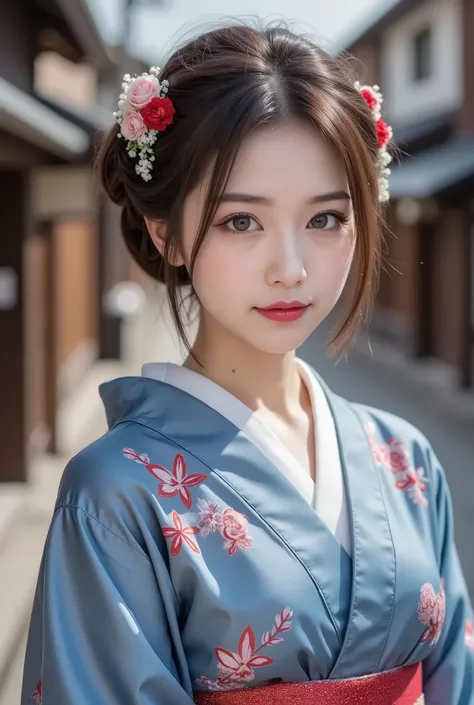 Realistic、High Definition、sharp details、8k、1 woman、7、Geisha from Kyoto in Japan、 country、stands in an elegant and calm atmosphere、stand on the road in Kyoto、((cowboy shot))、country's unique hairstyle、Ofuku、((I'm thinking of improving my hair2.0))、((long sl...