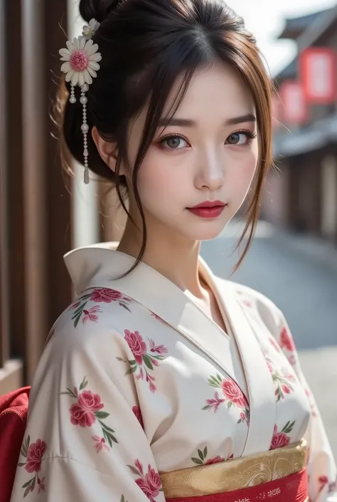 Realistic、High Definition、sharp details、8k、1 woman、7、Geisha from Kyoto in Japan、 country、stands in an elegant and calm atmosphere、stand on the road in Kyoto、((cowboy shot))、country's unique hairstyle、Ofuku、((I'm thinking of improving my hair2.0))、((long sl...