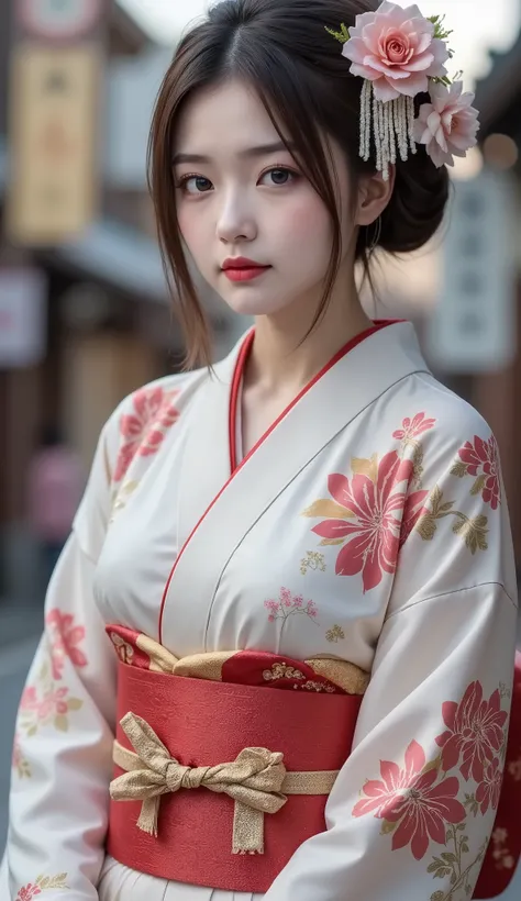 Realistic、High Definition、sharp details、8k、(((Full body image)))、((full body shot))、(((From head to toe)))、1 woman、7、Geisha from Kyoto in Japan、 country、stands in an elegant and calm atmosphere、stand on the road in Kyoto、country's unique hairstyle、Ofuku、((...