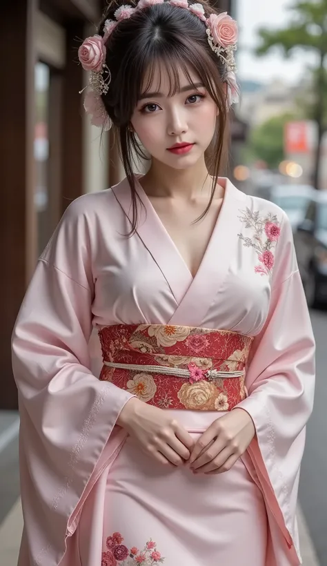 Realistic、High Definition、sharp details、8k、(((Full body image)))、((full body shot))、(((From head to toe)))、1 woman、7、Geisha from Kyoto in Japan、 country、stands in an elegant and calm atmosphere、stand on the road in Kyoto、country's unique hairstyle、Ofuku、((...
