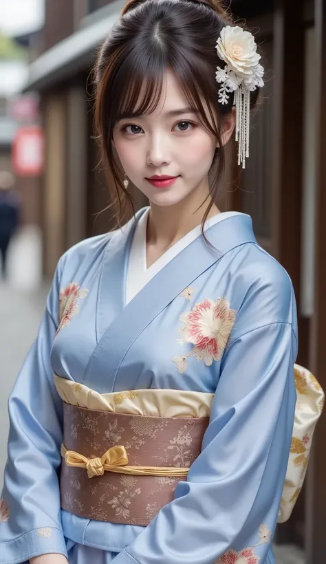 Realistic、High Definition、sharp details、8k、(((Full body image)))、((full body shot))、(((From head to toe)))、1 woman、7、Geisha from Kyoto in Japan、 country、stands in an elegant and calm atmosphere、stand on the road in Kyoto、country's unique hairstyle、Ofuku、((...