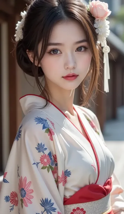 Realistic、High Definition、sharp details、8k、(((Full body image)))、((full body shot))、(((From head to toe)))、1 woman、7、Geisha from Kyoto in Japan、 country、stands in an elegant and calm atmosphere、stand on the road in Kyoto、country's unique hairstyle、Ofuku、((...