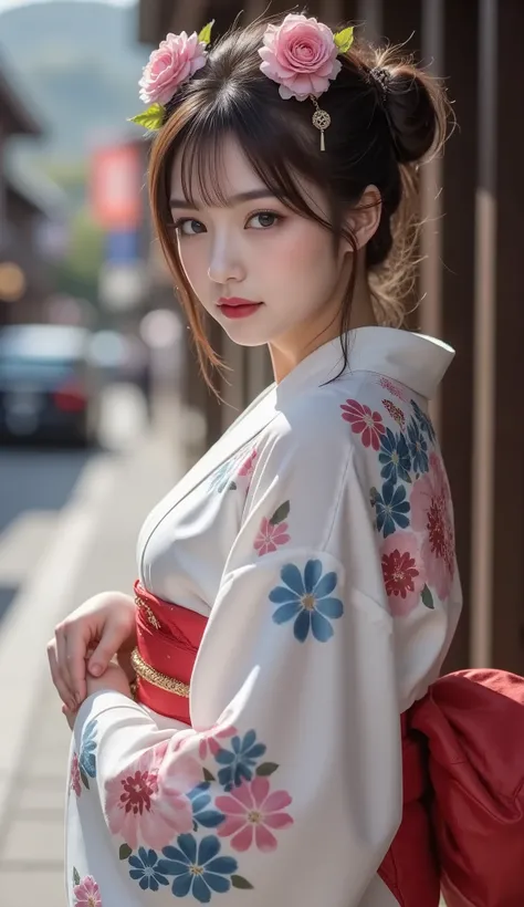 Realistic、High Definition、sharp details、8k、(((Full body image)))、(((From head to toe)))、1 woman、7、Geisha from Kyoto in Japan、 country、stands in an elegant and calm atmosphere、stand on the road in Kyoto、((full body shot))、country's unique hairstyle、Ofuku、((...