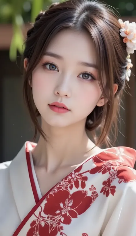 Realistic、High Definition、sharp details、8k、(((Full body image)))、(((From head to toe)))、1 woman、7、Geisha from Kyoto in Japan、 country、stands in an elegant and calm atmosphere、stand on the road in Kyoto、((full body shot))、country's unique hairstyle、Ofuku、((...