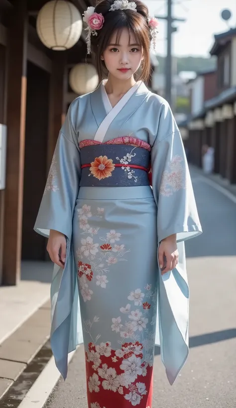 Realistic、High Definition、sharp details、8k、(((Full body image)))、(((From head to toe)))、1 woman、7、Geisha from Kyoto in Japan、 country、stands in an elegant and calm atmosphere、stand on the road in Kyoto、((full body shot))、country's unique hairstyle、Ofuku、((...