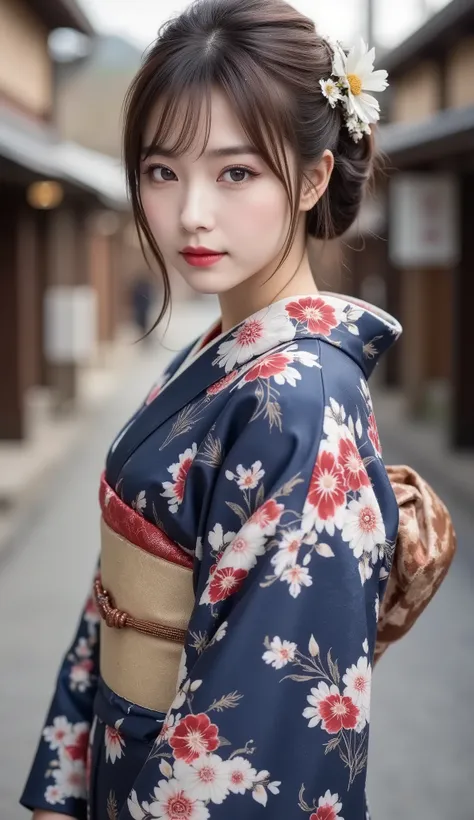 Realistic、High Definition、sharp details、8k、(((Full body image)))、(((From head to toe)))、1 woman、7、Geisha from Kyoto in Japan、 country、stands in an elegant and calm atmosphere、stand on the road in Kyoto、((full body shot))、country's unique hairstyle、Ofuku、((...