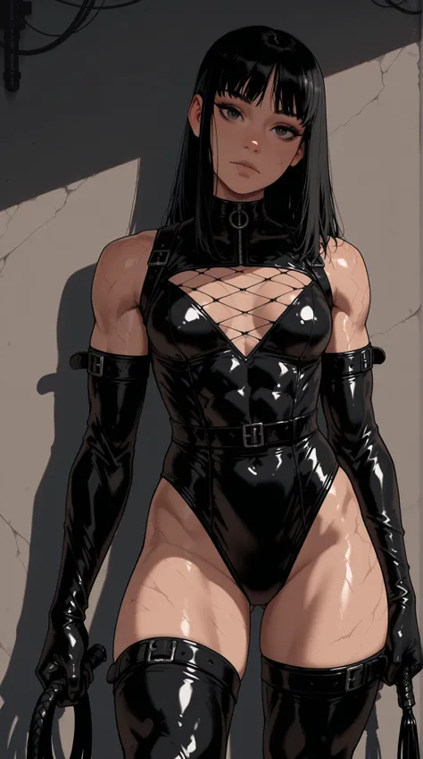 HDR, 8K, masterpiece, best quality, amazing quality, very aesthetic, realistic, newest, volumetric lighting, (flat colors:0.7), (artist:incase:0.3), (artist:tsuaii:0.3),Sinozick_illu, 1girl, mtskyamd, solo, long hair, black hair, muscular, abs, muscled arm...