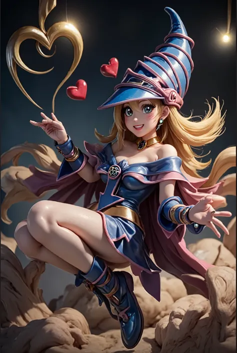 (obra-prima:1.2), (a melhor qualidade:1.2), perfect lighting, The Black Wizard Girl is smiling, relaxando. flutuando no ar , decote transparente, robe azul, big hat, de cima, brilhos de magia, jogo Yugioh, The magic of the heart . Heart Lights ,  Romantic ...