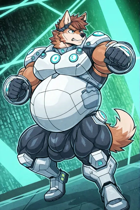 light brown wolf, furry, male focus, big belly, fat body, big large pectorals, muscular arms, thick thighs, ultra extra mega gigantic huge muscular, short brown hair, blue eyes, light gray futuristic armor, green lights, huge bulge, action pose, full body