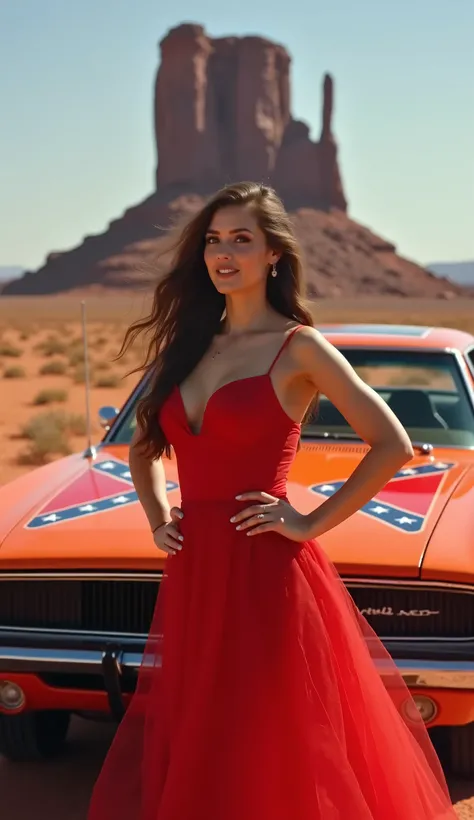 highdefinition images、beautiful woman in a red dress in front of a car with the Confederate flag on it、Orange image posing in front of General Lee(70s Dutch Challenger)Picture of a beautiful woman in a red dress posing in front of a car with the Confederat...