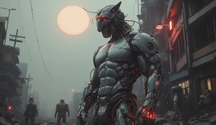 Full length detailed view. full sexy body, sexy muscle hybrid strong man and half cyborg animal, with big muscles looking into the camera, sexy muscle hyprid, hd realistic sharp details of the skin, beautyful eyes, cyborg hair, looking strong, a sexy mecha...
