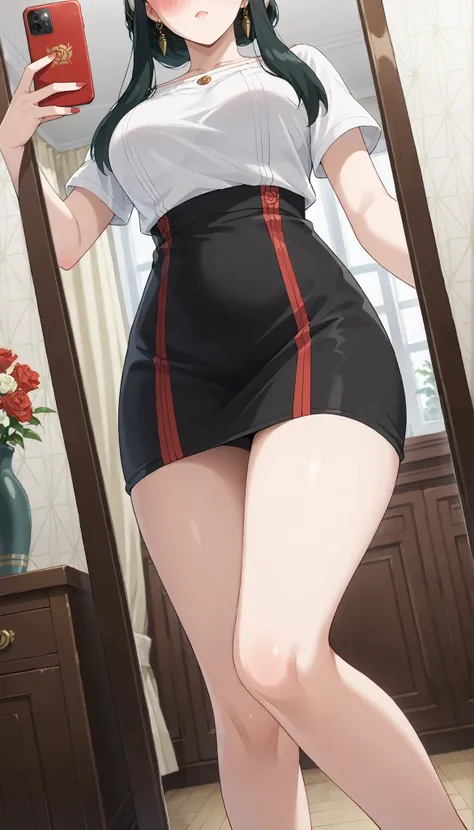 (((masterpiece))),(((High Quality))),(((Yor Forger(SPY×FAMILY) ))),(((Medium Breasts))),dark haired,(((Blush))),black tight skirt,white t-shirt,((selfie)),(low angle),(Through the mirror),((thighsフォーカス)),Ulchan - 6500-v1.1, (RAW pictures:1.2), BEAUTIFUL DE...