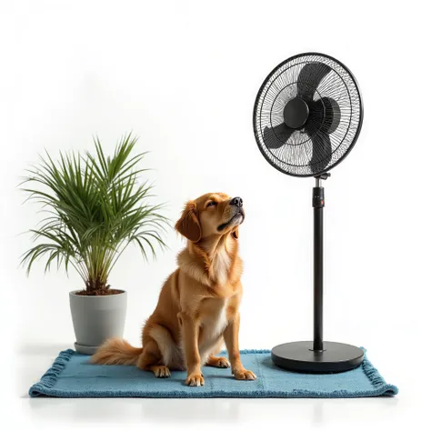 A realistic image of a dog sitting on a blue mat in front of a tall floor fan, enjoying the breeze. The dog's fur is slightly blowing in the wind, eyes gently closed, relaxed posture. A green potted palm plant stands nearby, adding a touch of freshness. Th...