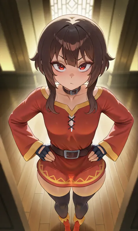 Masterpiece, best quality, amazing quality, very aesthetic, Absurds, The newest, (landscape, volumetric lighting) (room), 
1girl, Alone, Megumin, Red Eyes, brown hair, stuffyx_350style, looking at the spectator, standing, red dress, hands on hips, from abo...