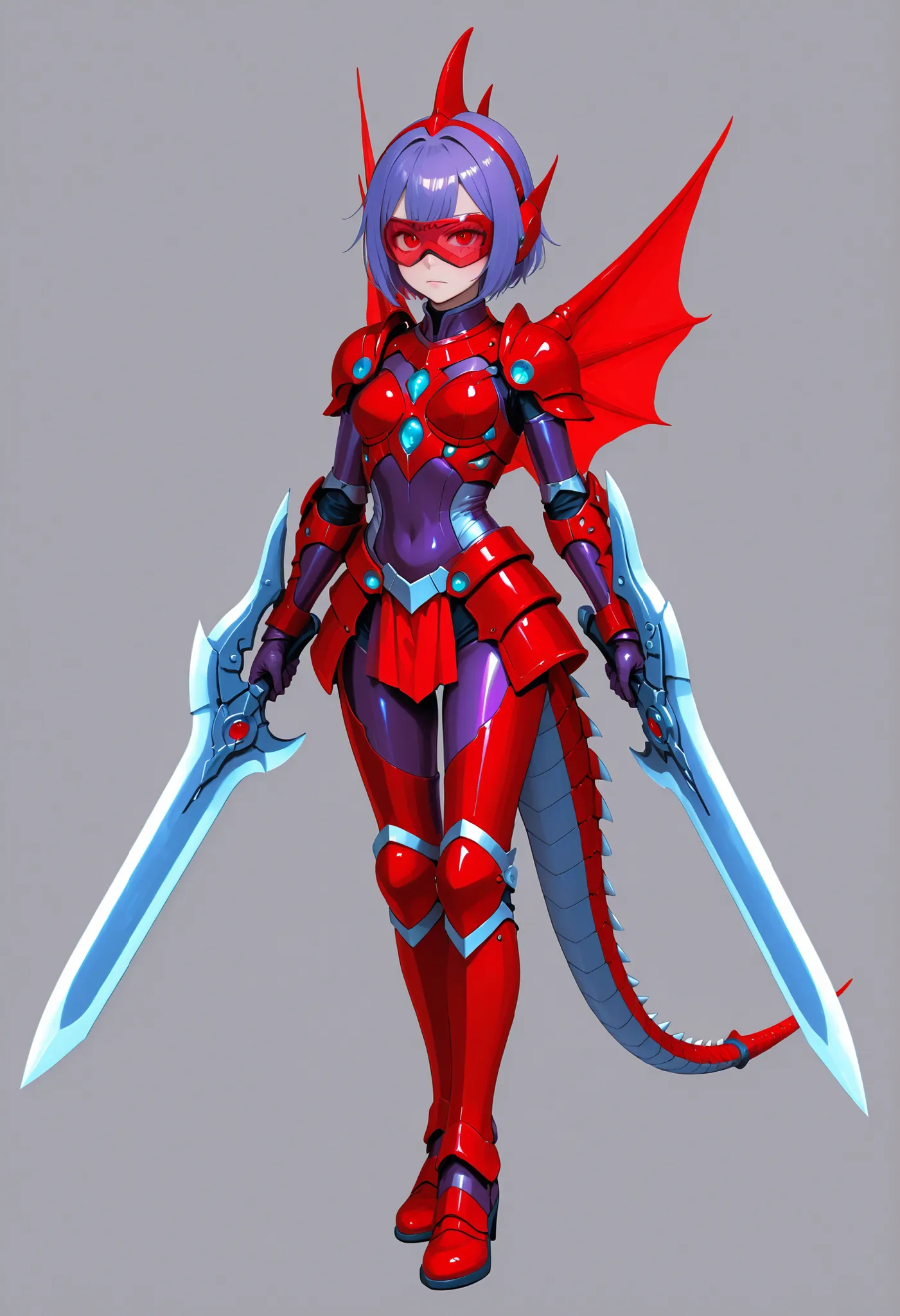 Gigan Girl. Purple hair. Short hair. Red bangs. Sharp eyes. Red cyber goggles. Purple metallic bodysuit. Cyber ​​bodysuit. Skirt armor. Blade arms. Tail. Curved waist. Hands fused with weapons. Dual wielding. Falx. Blades. Red fin-shaped wings.