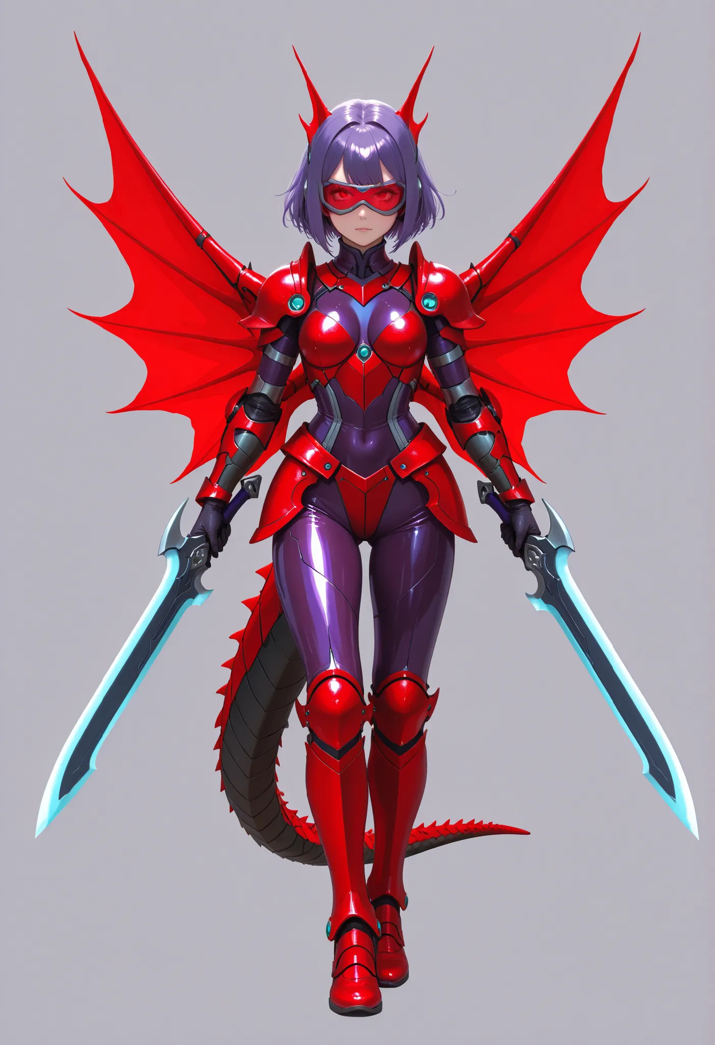 Gigan Girl. Purple hair. Short hair. Red bangs. Sharp eyes. Red cyber goggles. Purple metallic bodysuit. Cyber ​​bodysuit. Skirt armor. Blade arms. Tail. Curved waist. Hands fused with weapons. Dual wielding. Falx. Blades. Red fin-shaped wings.