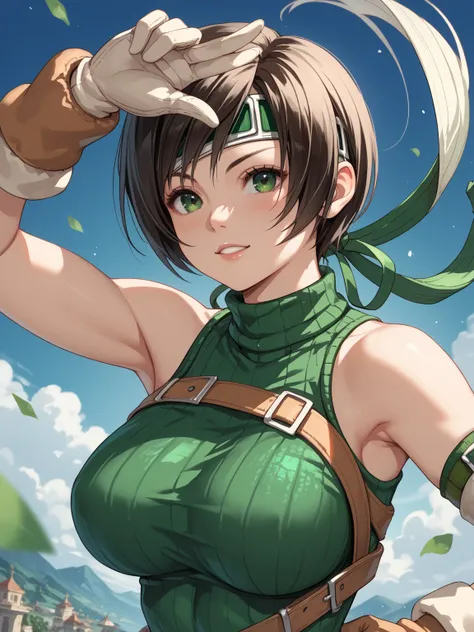 score_9, score_8_up, score_7_up, masterpiece, source_anime, break, 1girl, yuffie_kisaragi,  final_fantasy, 1girl, brown_hair, green_eyes, Big Breasts, 