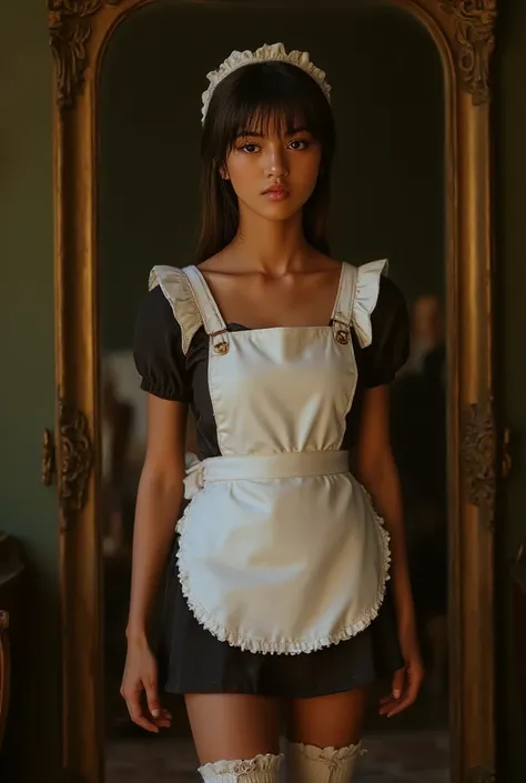 ((top quality、masterpiece、high sensitivity、high resolution、detailed depiction、Delicate face、Ｆvalue：6.0),((Slender Woman、wearing glasses)),maid clothes apron skirt、high socks with ribbons、Change into、In front of a big mirror、