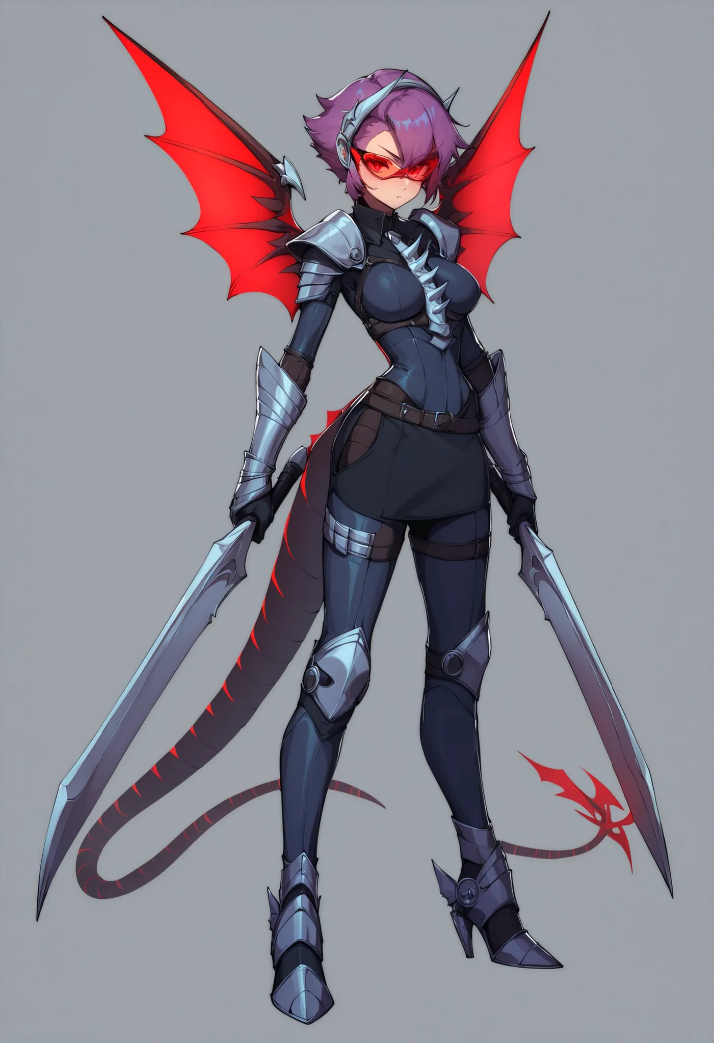 Gigan Girl. Purple hair. Short hair. Red bangs. Sharp eyes. Red cyber goggles. Purple metallic bodysuit. Cyber ​​bodysuit. Skirt armor. Blade arms. Tail. Curved waist. Hands fused with weapons. Dual wielding. Falx. Blades. Red fin-shaped wings.
