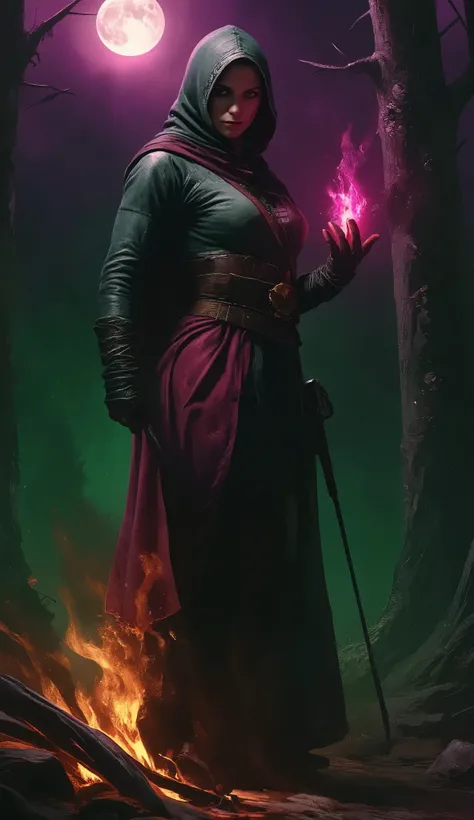 A dark fantasy theme of a female Dark Witch woman in medieval style , hood, on forest, dark spell, in dynamic pose, twin moon in sky, bonfire. Glowing purple green and pink background glowing lighting.