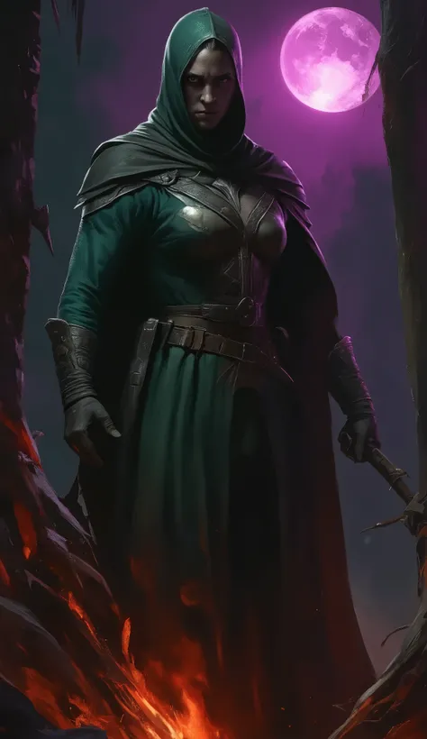 A dark fantasy theme of a female Dark Witch woman in medieval style , hood, on forest, dark spell, in dynamic pose, twin moon in sky, bonfire. Glowing purple green and pink background glowing lighting.
