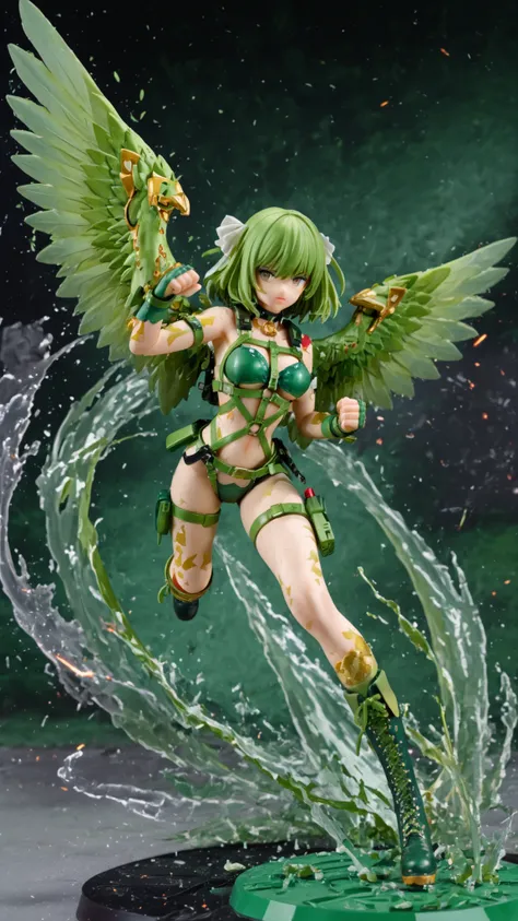 In Figure girl toy, green full harness, full body, boots, fighting pose, action,